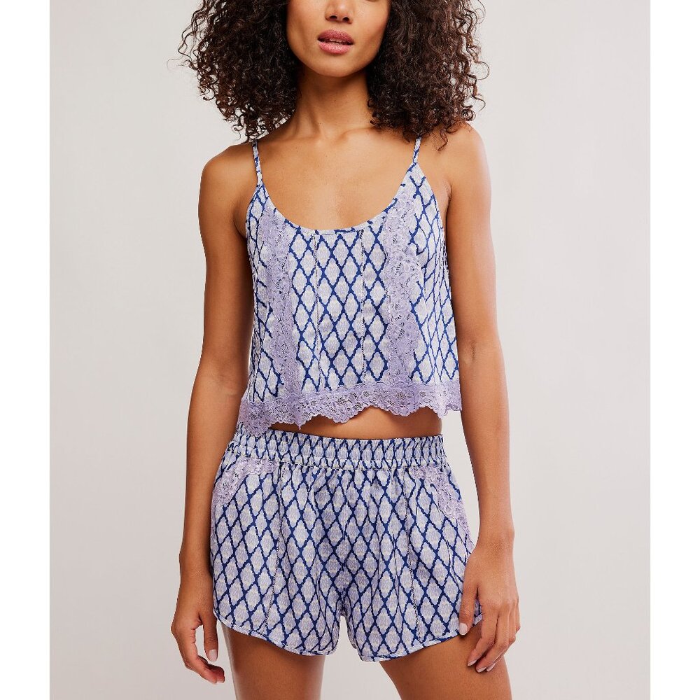 Free People NWT Lavender & Navy Lace Trim Pajama Tank + Shorts Set